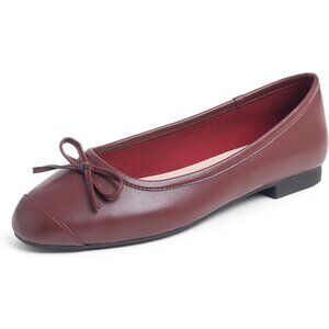Feversole Women's Burgundy Plain Toe Cap Synthetic Square Toe Ballet Flats